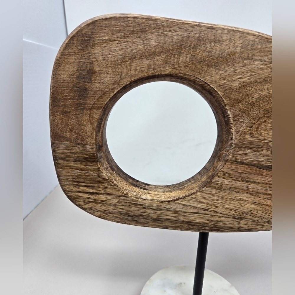 Modernist Abstract Mango Wood Free Form Cirucular Cutout On Mable Wood Stand - Picture 3 of 15